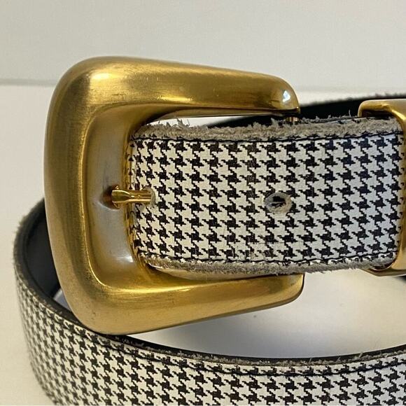 Vintage Houndstooth Belt Leather Gold Buckle Mini Print Statement Womens Medium - Picture 2 of 10